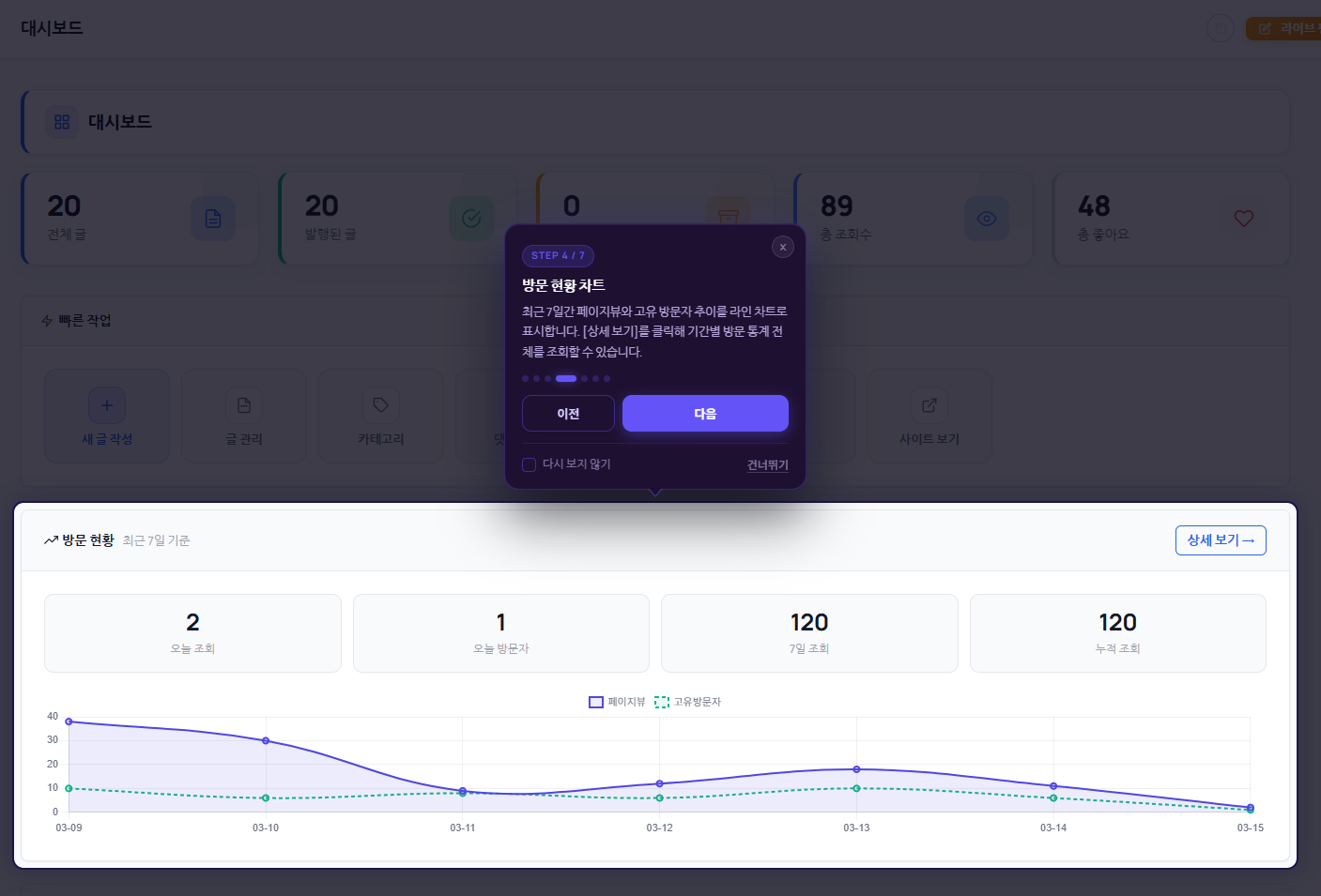 관리자 페이지에 온보딩 가이드가 추가되었습니다.